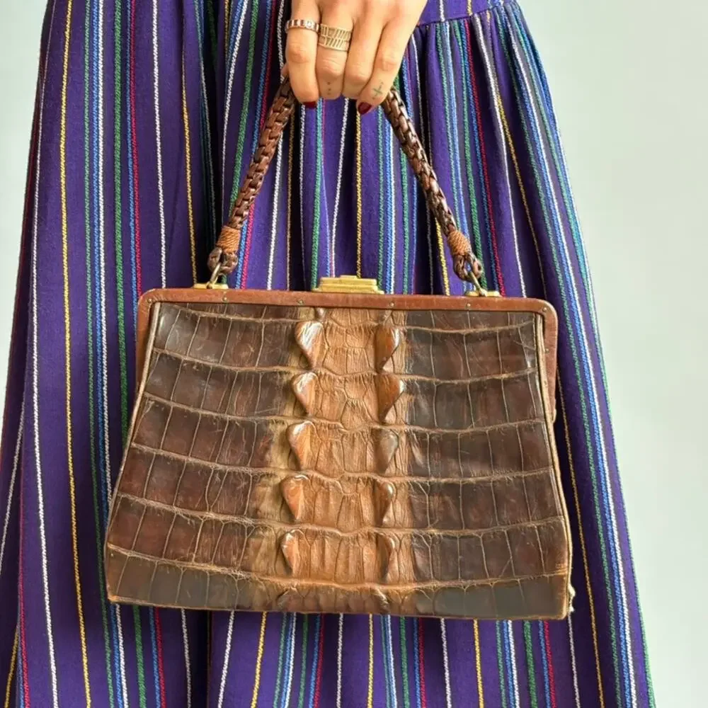 Antique Hornback Alligator Skin Handbag with Taxidermy Paws - Brown